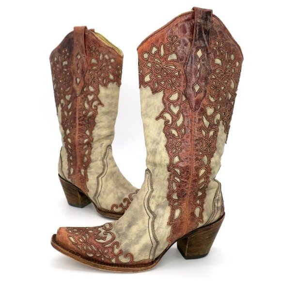 Corral A2665 Cognac Leather Lace Look Overlay Cowgirl Western Boots Snip Toe 7M - Picture 2 of 10